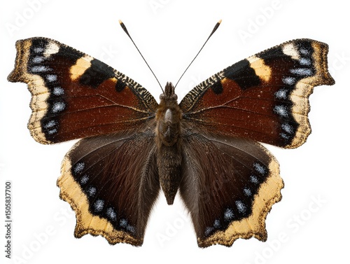 Detailed close-up of a mourning cloak butterfly against a white background.  Its rich brown and orange hues are striking.