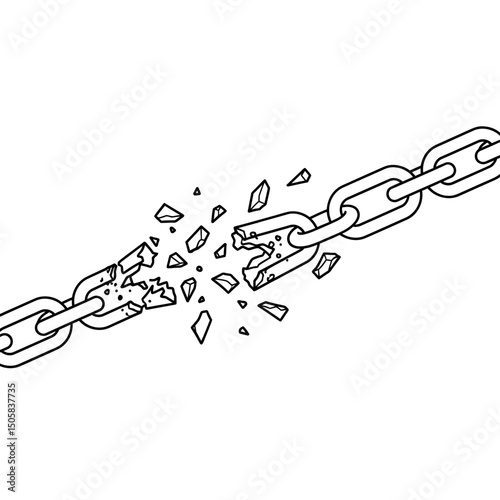 Vector art of Broken metal chain with shattered link isolated on white background symbolizing freedom, strength, and overcoming obstacles in a minimalist line art style
