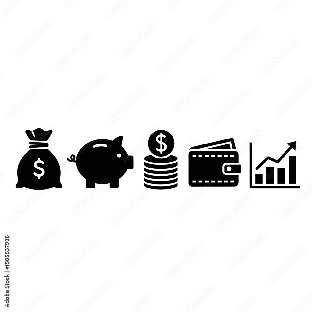 Obraz premium Vector art of Money bag, piggy bank, coins, wallet, and graph isolated on white background representing finance, investment, saving, wealth, economy, and business concepts