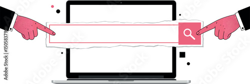 Minimalist laptop search engine concept with hands pointing at search bar