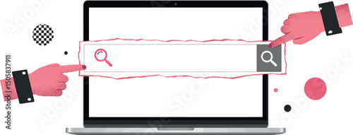 Abstract concept of online searching with hands and laptop screen