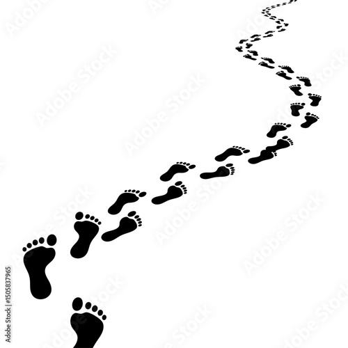 Vector art of Footprints trail isolated on white background, showing a winding path of human steps, symbolizing journey, direction, and progress in a simple graphic design.