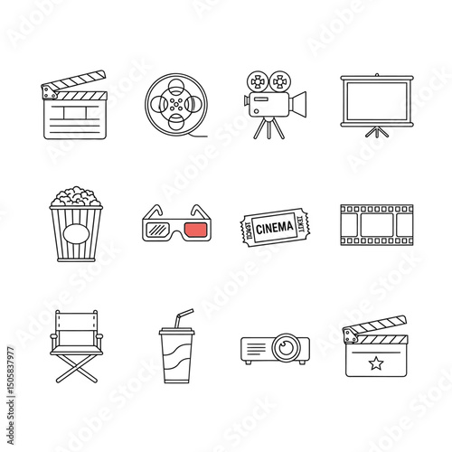 Vector art of Cinema icons isolated on white background featuring movie clapperboard, film reel, camera, projector, popcorn, ticket, 3D glasses, drink, and director's chair