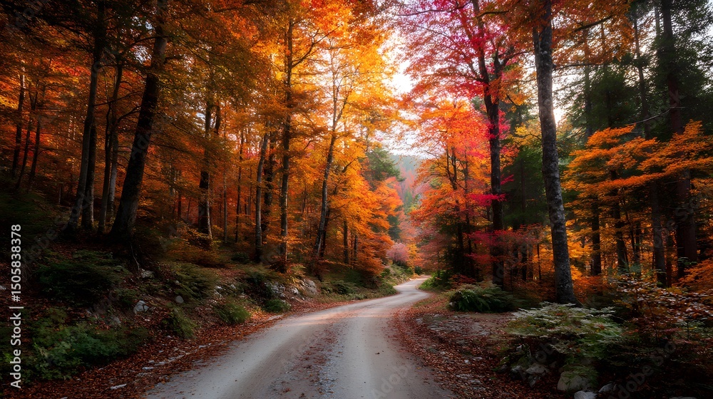 Fototapeta premium Winding Road in Autumn's Embrace: A picturesque road weaves through a vibrant forest, where leaves of red and gold adorn the trees. The scene evokes the warm hues and crisp air of autumn.