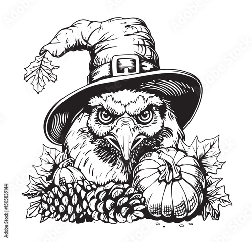 Cute turkey wearing a pilgrim hat outline coloring page Vector illustration