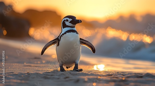 Vivid portrayal of an African Penguin elegantly walking on warm, golden sand with gentle ocean waves creating a serene coastal ambience in a natural habitat scene