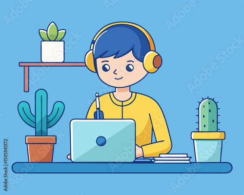 illustration of a young student studying online
