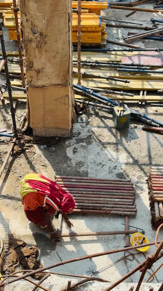 Women labourers working at the construction site during the day 