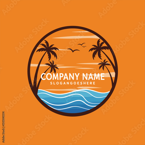 Sun, sea and palm tree logo Vector illustration