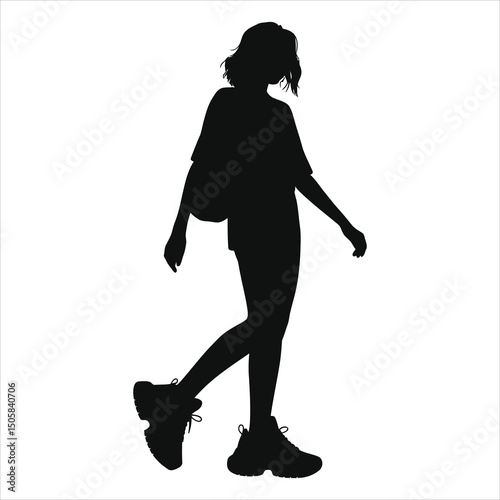 (chunky sneakers)Vector Silhouette of a Woman Walking with a Backpack/A simple, bold silhouette of a young woman walking, likely in modern urban attire, with a backpack.