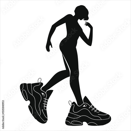 ( chunky sneakers)Stylish woman in trendy sneakers, a modern vector silhouette./A bold silhouette of a woman striding confidently, showcasing stylish oversized sneakers.