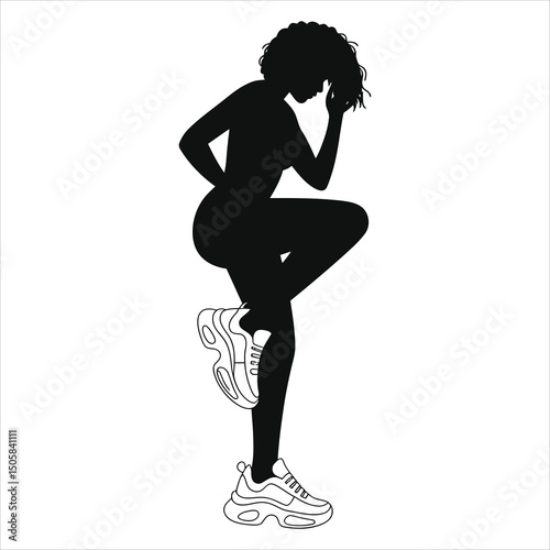 (chunky sneakers)Vector Silhouette of a Woman in Trendy Sneakers/A bold silhouette of a woman, poised in a dynamic stance, wearing stylish sneakers.
