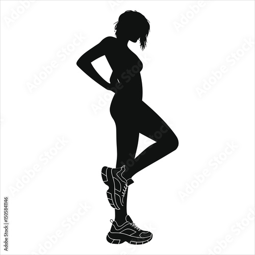 (chunky sneakers)Vector Silhouette of a Woman Wearing Trendy Sneakers/A bold, minimalist silhouette of a young woman poised, wearing stylish chunky sneakers.