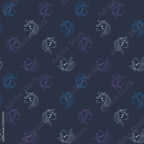 Multicolor outline horse head seamless pattern on dark ground