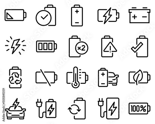 Line icons set of batteries and electric charging. Includes power indicators, eco energy, EV, battery levels, temperature, and safety symbols for UI, apps, and infographics