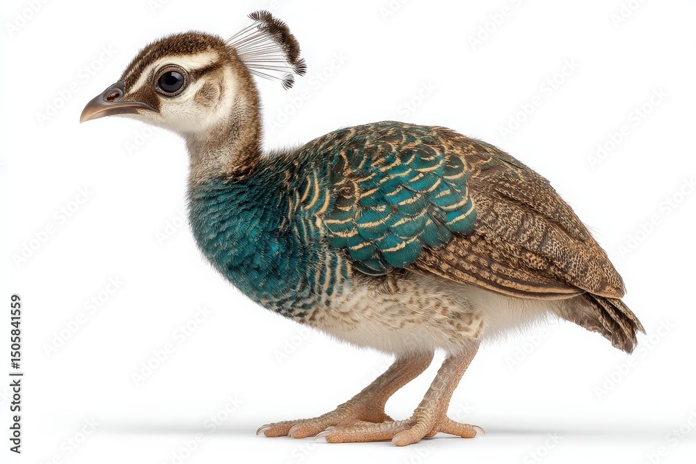 Obraz premium A young peacock chick, showcasing its vibrant teal and brown feathers against a white background.