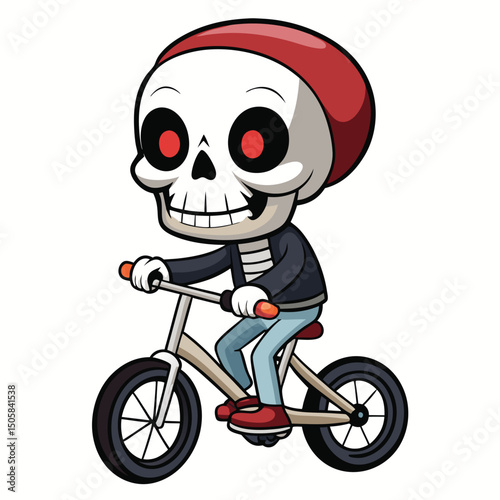 Cartoon skeleton character riding a bicycle depicting halloween or day of the dead theme