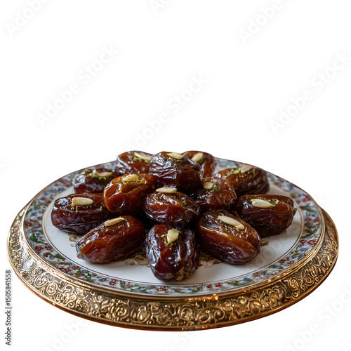 Closeup of stuffed dates and Eid desserts on ornate plate