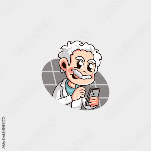 cartoon logo of a white-haired genius using a gadget in his hand
