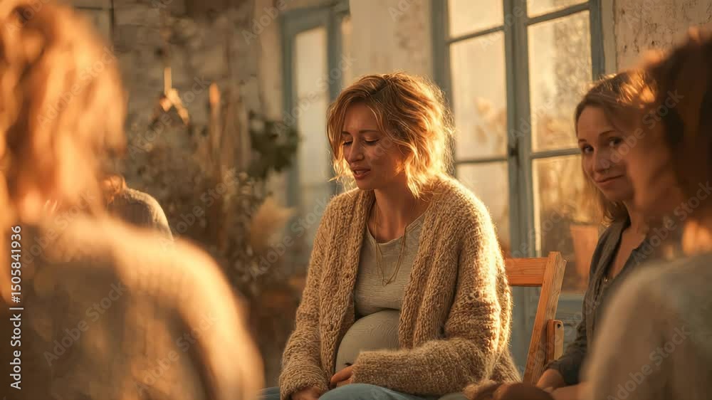 Smiling pregnant woman in warm light, chatting with other mothers in a support group setting