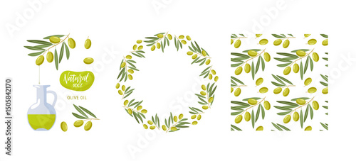 Olive Oil. Frame, seamless pattern, design elements. Green branches with fruits. Vegetable for Mediterranean, vegan diet, organic cosmetics, packaging, lable. Flat design isolated on white background