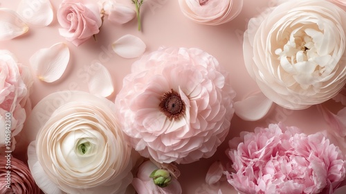 Light pastel peony and ranunculus petals on blush background, soft dreamy floral flat lay with subtle gradients