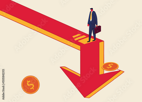 Businessman Walking on Downward Arrow: A businessman walks along a downward-trending red arrow, symbolizing economic decline or financial crisis. Coins fall around him.