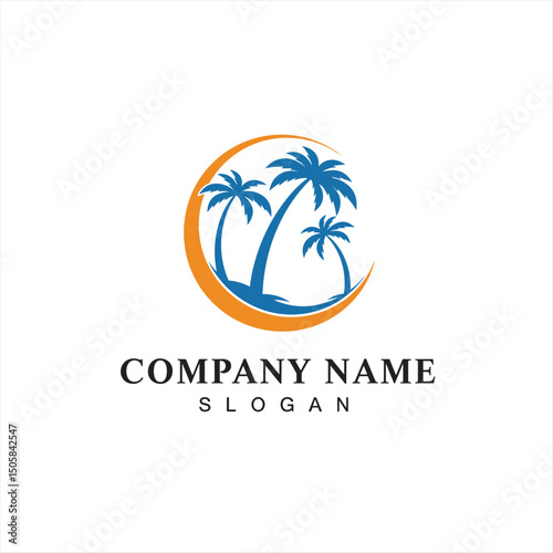 Sun, sea and palm tree logo Vector illustration