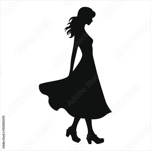 ( Clogs)Elegant Woman in a Flowing Dress Vector Silhouette/A stylish silhouette of a woman walking, showcasing a flowing dress and elegant shoes.