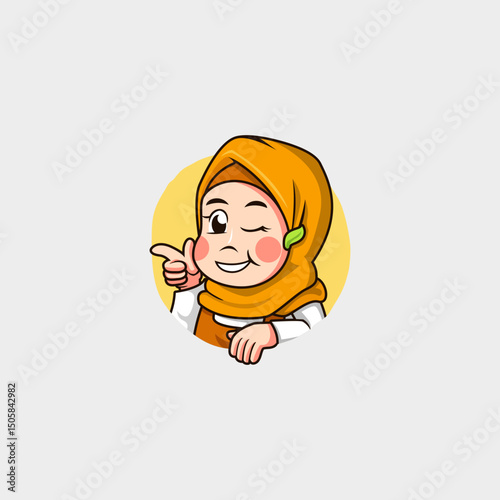 mascot cartoon logo of a cute and beautiful little girl, wearing a hijab, winking