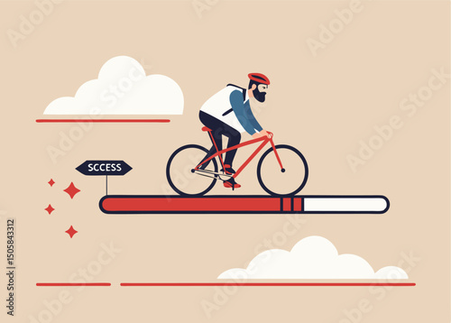 Cycling Towards Success: A stylized illustration depicts a businessman cycling along a progress bar towards "success", symbolizing ambition, perseverance, and achieving goals.