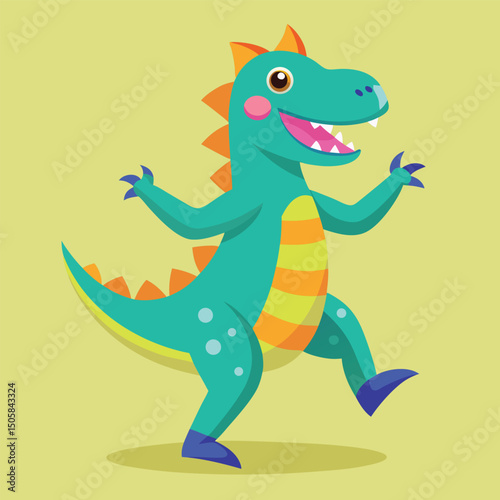 Cheerful cartoon dinosaur illustration with bright colors and a happy expression walking forward on a yellow background