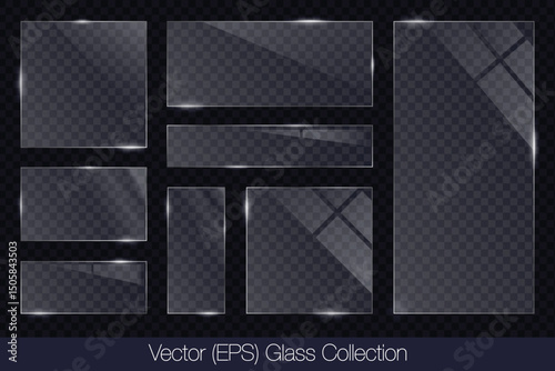 Realistic 3D glass transparent square and rectangle frame with glare, flat glass or plastic plate, flat transparent glass lens, realistic screen glass, window mockup, vector illustration