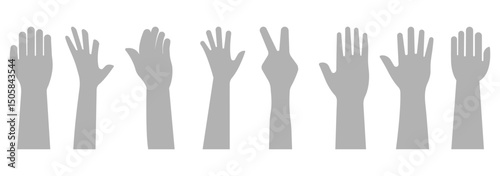 Raised hands voting group icon vector. Raised hands icon. Raise hand symbols. Hand sign. Symbol or logo of peoples, community, organization, democracy, donation, charity. Vector stock graphic design. 