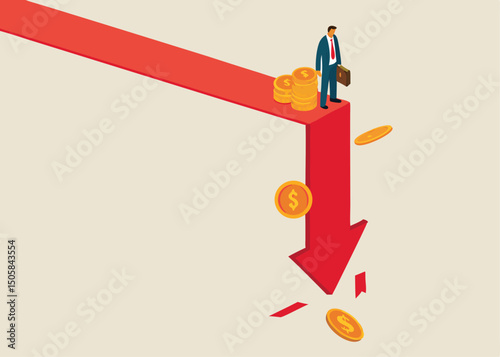 Precarious Peak: Businessman on a declining arrow with few remaining coins symbolizing financial instability or risk.