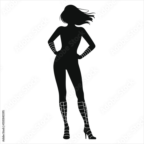 (Gladiator sandals)Powerful Female Vector  Silhouette with Windswept Hair/A striking silhouette of a woman, likely a superhero or action figure, with flowing, windswept hair and stylized armor..
