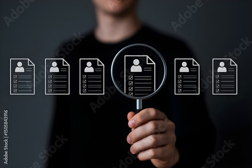 a person holding a magnifying glass over resumes for job recruitment process.