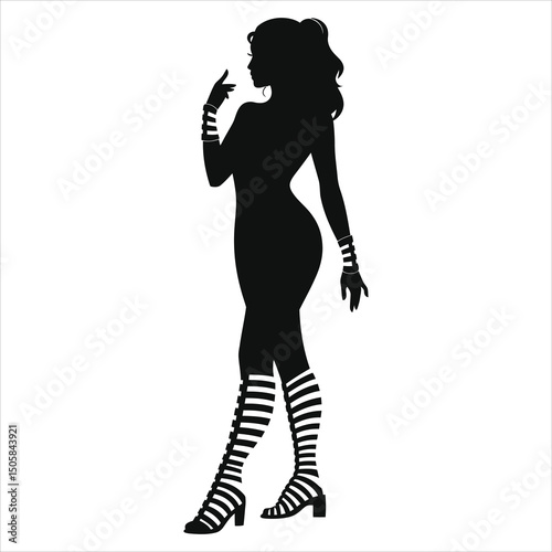 (Gladiator sandals) Vector Silhouette of a Woman in Fashionable Footwear/A striking black silhouette of a woman in profile view, showcasing a trendy, modern aesthetic.