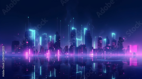 A cityscape with neon lights and a purple sky. Scene is futuristic and vibrant