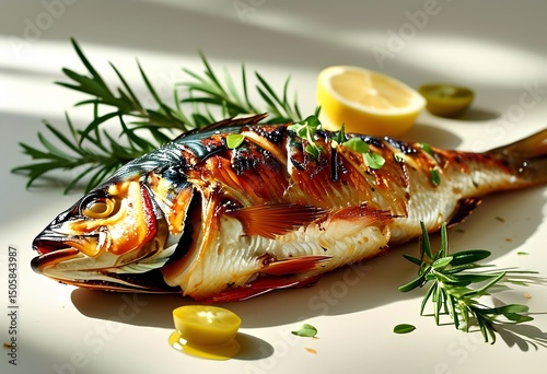 A beautifully grilled fish lies on a plain surface, adorned with fresh herbs and lemon slices, showcasing vibrant colors and inviting aromas, perfect for summer meals.