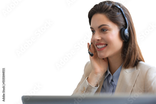 Woman customer support operator with headset and smiling on a transparent background