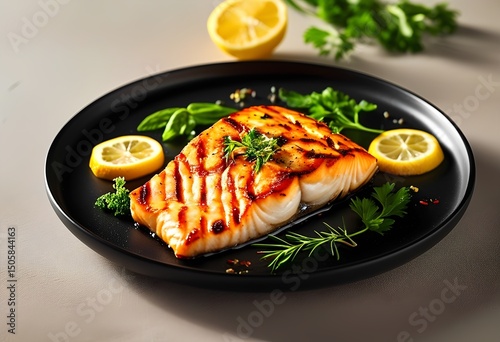 Succulent salmon fillet cooked to perfection, served with fresh lemon slices and a touch of herbs. Ideal for a healthy dining experience, showcasing vibrant colors and textures.