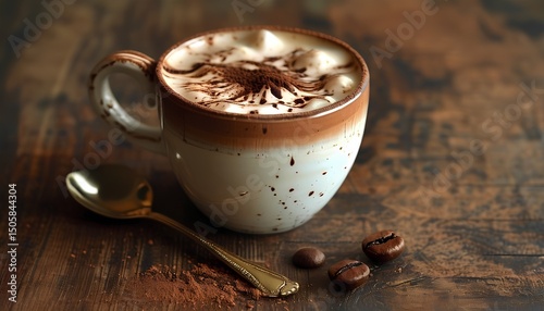 Delicious hot chocolate topped with marshmallows and cocoa on a wooden serving board at a cozy cafe in the afternoon