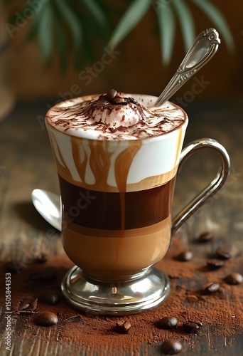 A gourmet coffee beverage with layers of chocolate and cream is served in a stylish glass mug. Coffee beans and cocoa powder are scattered around on the rustic wooden surface.