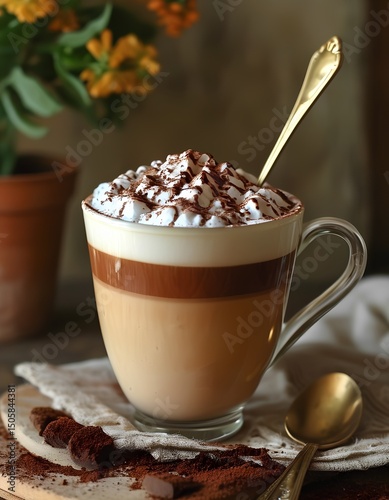 Rich coffee drink topped with cream served in an elegant cup on a wooden table