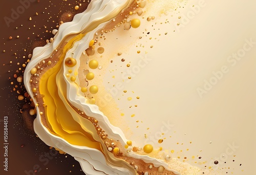 This artwork showcases a blend of warm yellows, browns, and golds, with flowing, organic shapes evoking natural landscapes and textures. The dynamic curves create an inviting atmosphere.