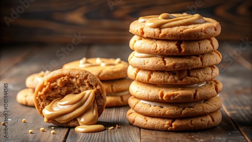 A stack of freshly baked cookies with a caramel filling, one is broken in half revealing the soft, creamy center,  all resting on a rustic wooden surface. photo