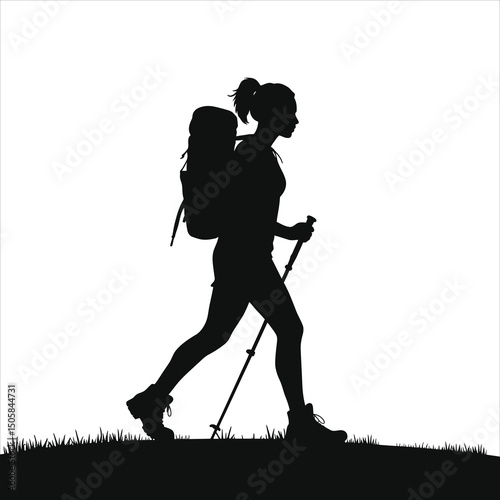 (Hiking boots)Active Woman Hiking with Trekking Poles Vector Silhouette/A silhouette of a woman hiking, showcasing her determined posture as she navigates a grassy terrain using trekking poles.