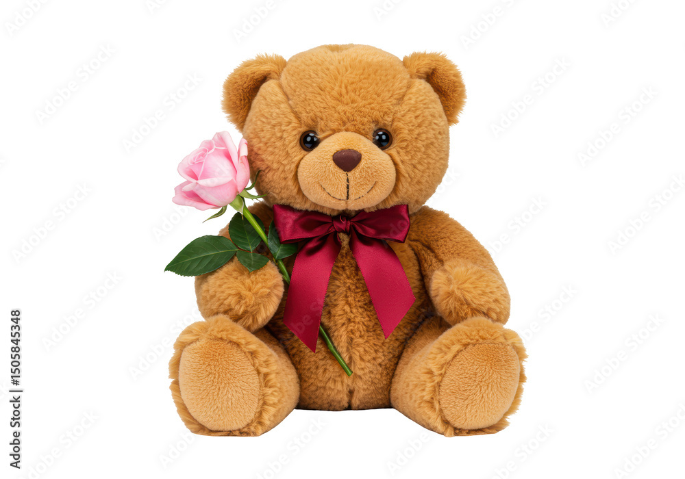 Fototapeta premium Isolated Teddy Bear Holding Pink Rose with Red Ribbon