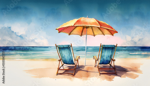 Two vibrant beach chairs sit on a sandy shore facing a serene sea under a bright, expansive sky